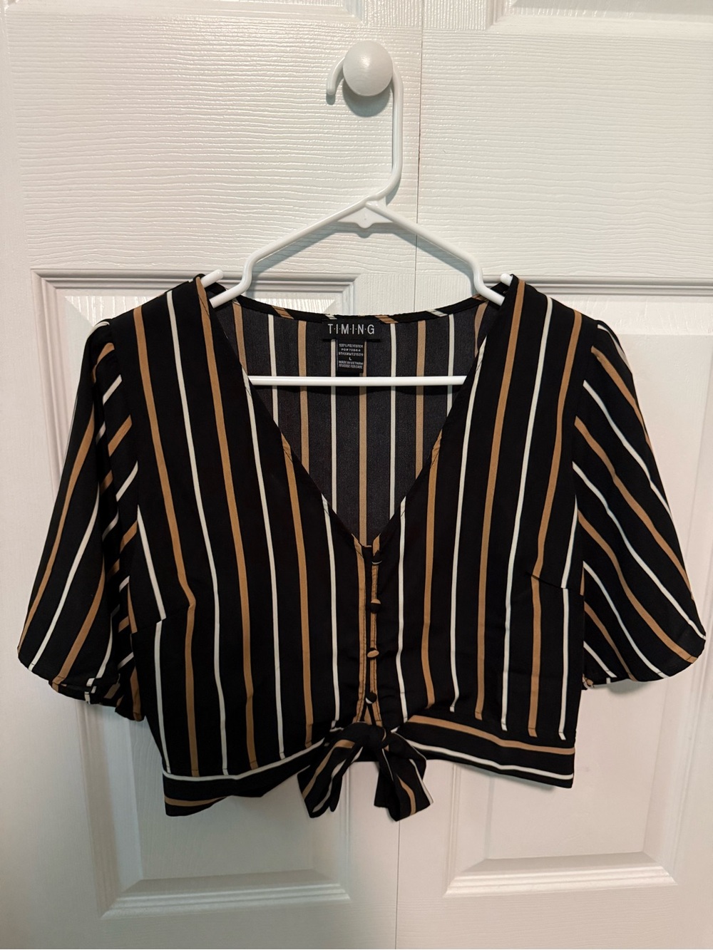 TIMING Black Striped Tie-Front Crop Top with Tan and White Stripes